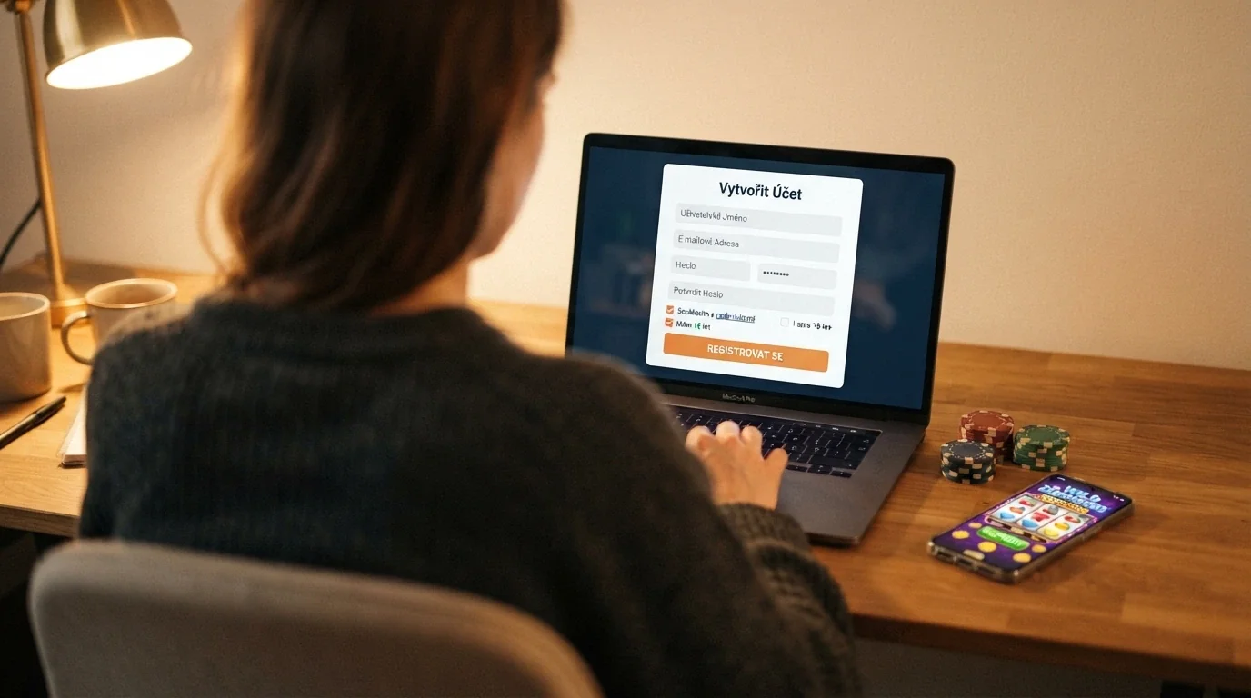 Registrační formulář online casina na obrazovce notebooku vedle symbolů free spinů