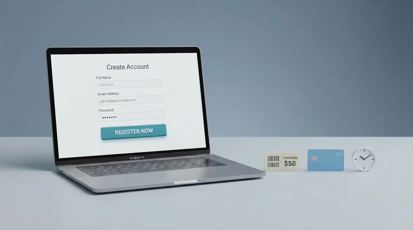 Obrazovka s registračním formulářem českého online casina, vedle tři ikony: občanský průkaz, platební karta a budík