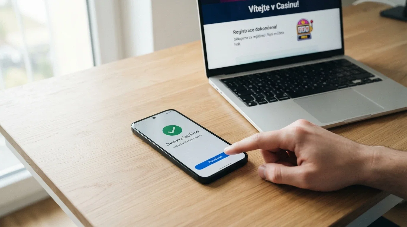 Mobilní telefon s otevřenou aplikací Bank iD a vedle něj obrazovka s dokončenou registrací v online casinu