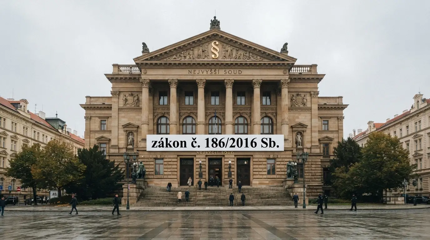 Budova Ministerstva financí ČR s předsazenou grafikou paragrafu a nápisem zákon č. 186/2016 Sb.
