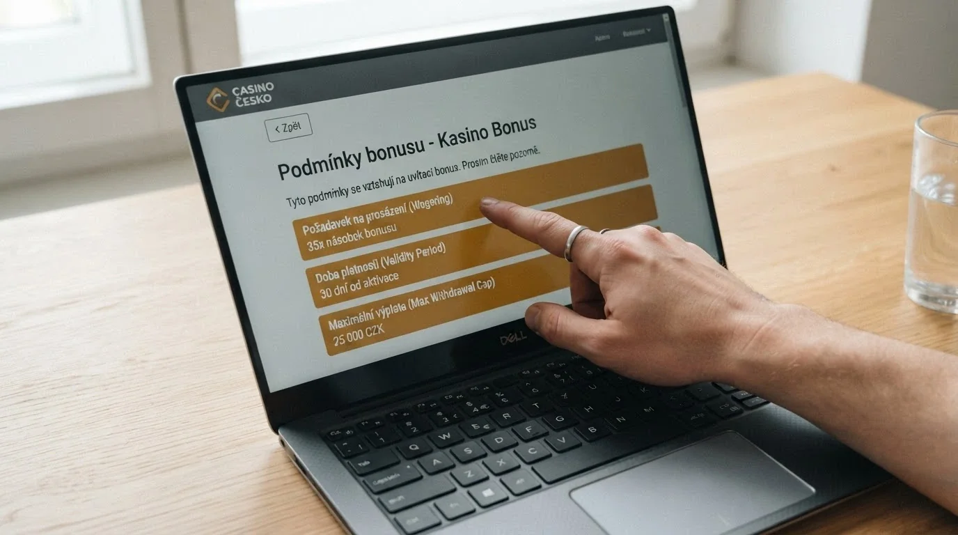 Detailní záběr na sekci podmínek bonusu na webu casina — zvýrazněné řádky s protočením, platností a maximálním výběrem