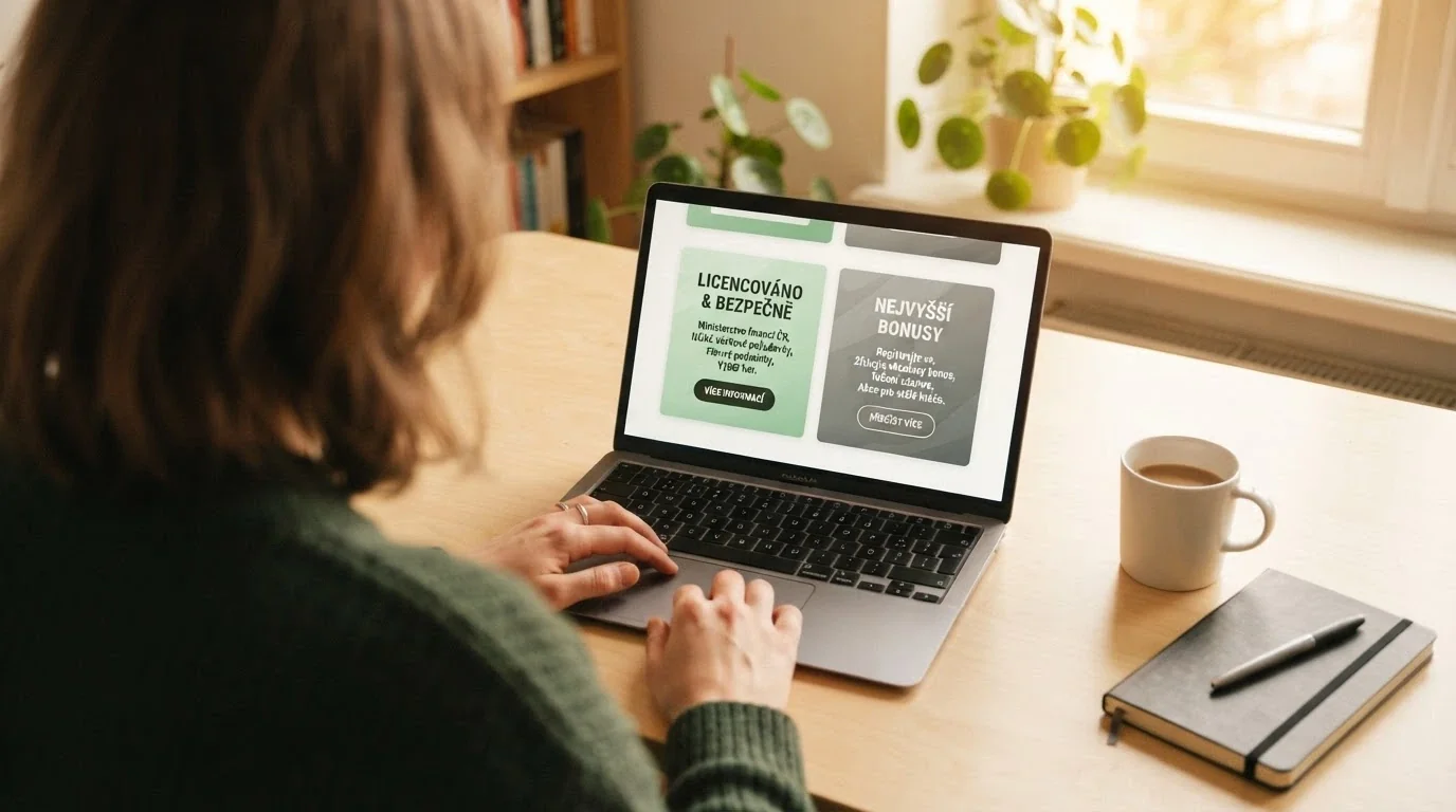 Hráč u notebooku porovnávající dvě karty operátorů — jedna se zeleným zvýrazněním (licence a nízký wagering), druhá šedá (bez CZ licence)