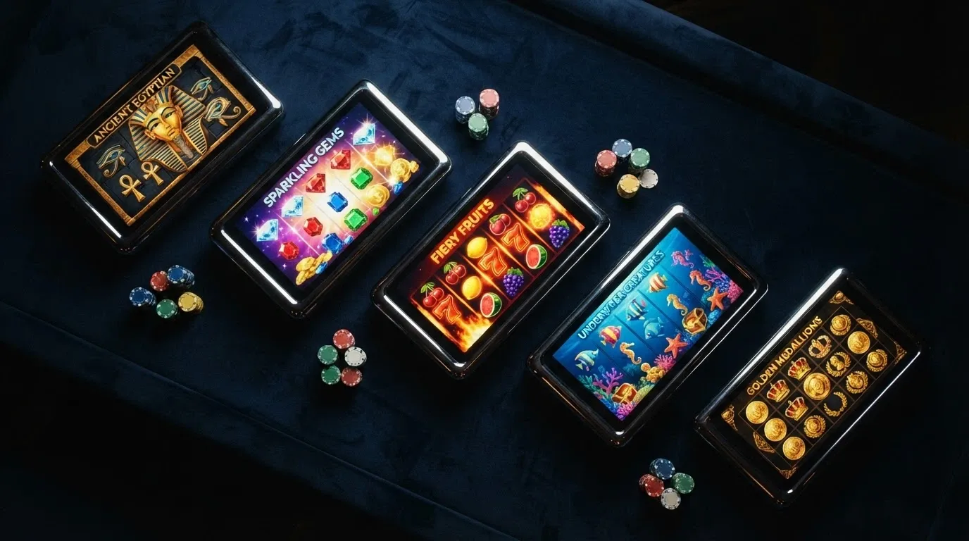 Koláž pěti automatů, ke kterým operátoři vážou bonusy bez vkladu — Book of Dead, Starburst, Fire Joker a další