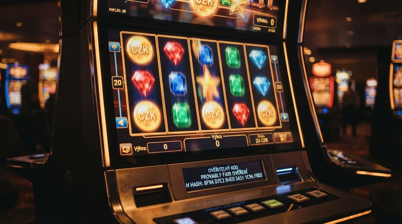 Roztočený krypto automat s viditelným provably fair hashem na obrazovce