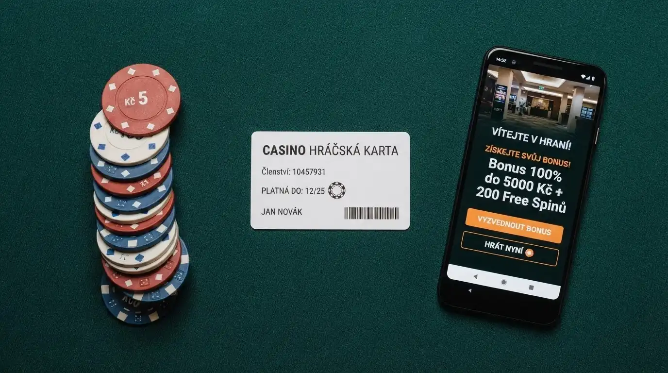 Stůl s rozloženými žetony, kartou hráče a mobilem zobrazujícím bonusovou nabídku, v pozadí logo Ministerstva financí