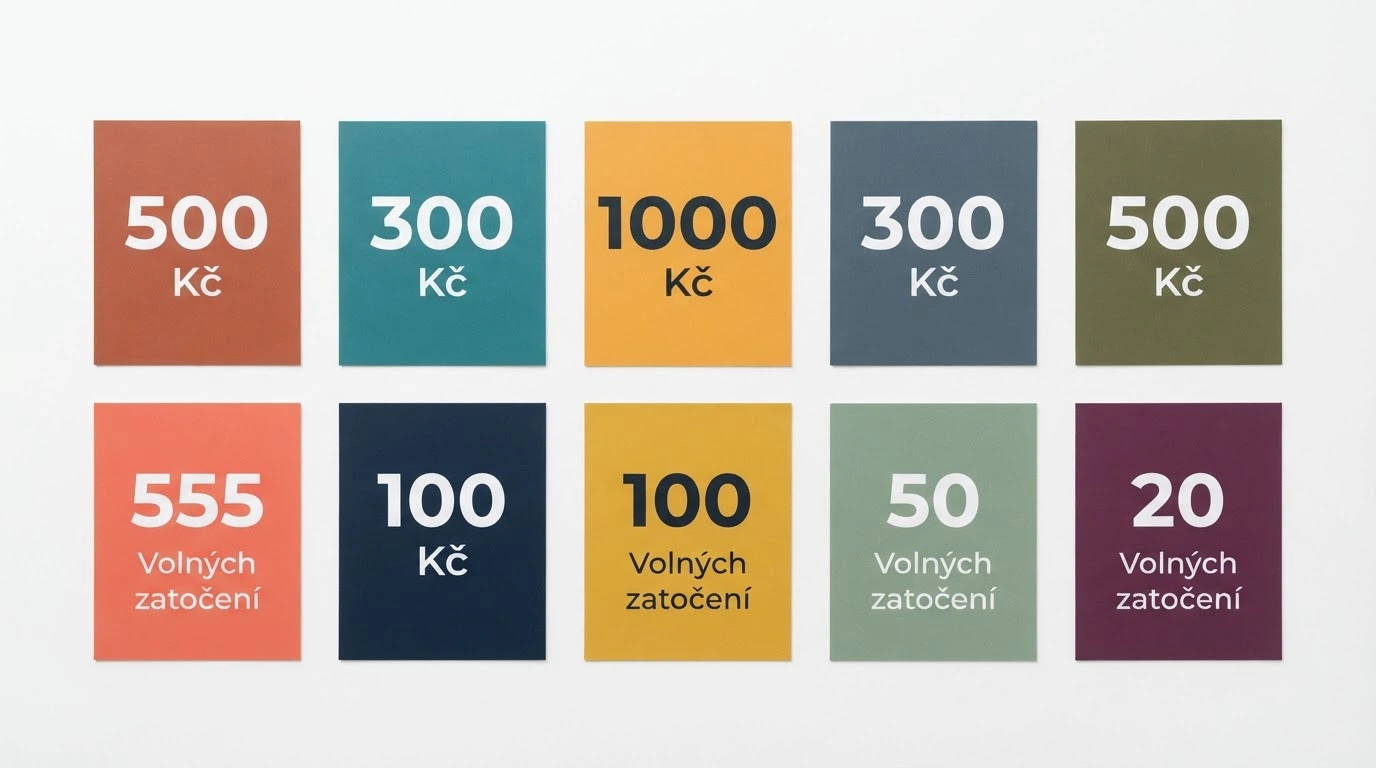 Deset karet s logy kasin seřazených do mřížky, každá s jinou hodnotou bonusu a počtem free spinů