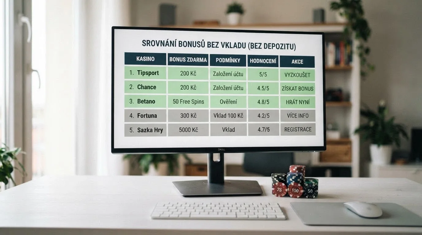Srovnávací tabulka na monitoru, zvýrazněné řádky s operátory nabízejícími bonus bez vkladu