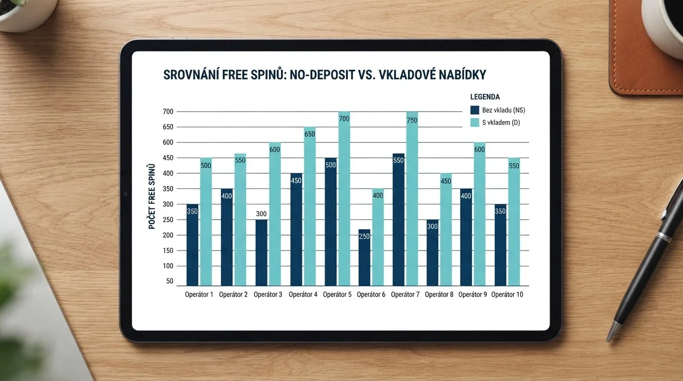 Srovnávací tabulka deseti operátorů s hodnotami bonusů bez vkladu, počtem free spinů a podmínkami vkladu
