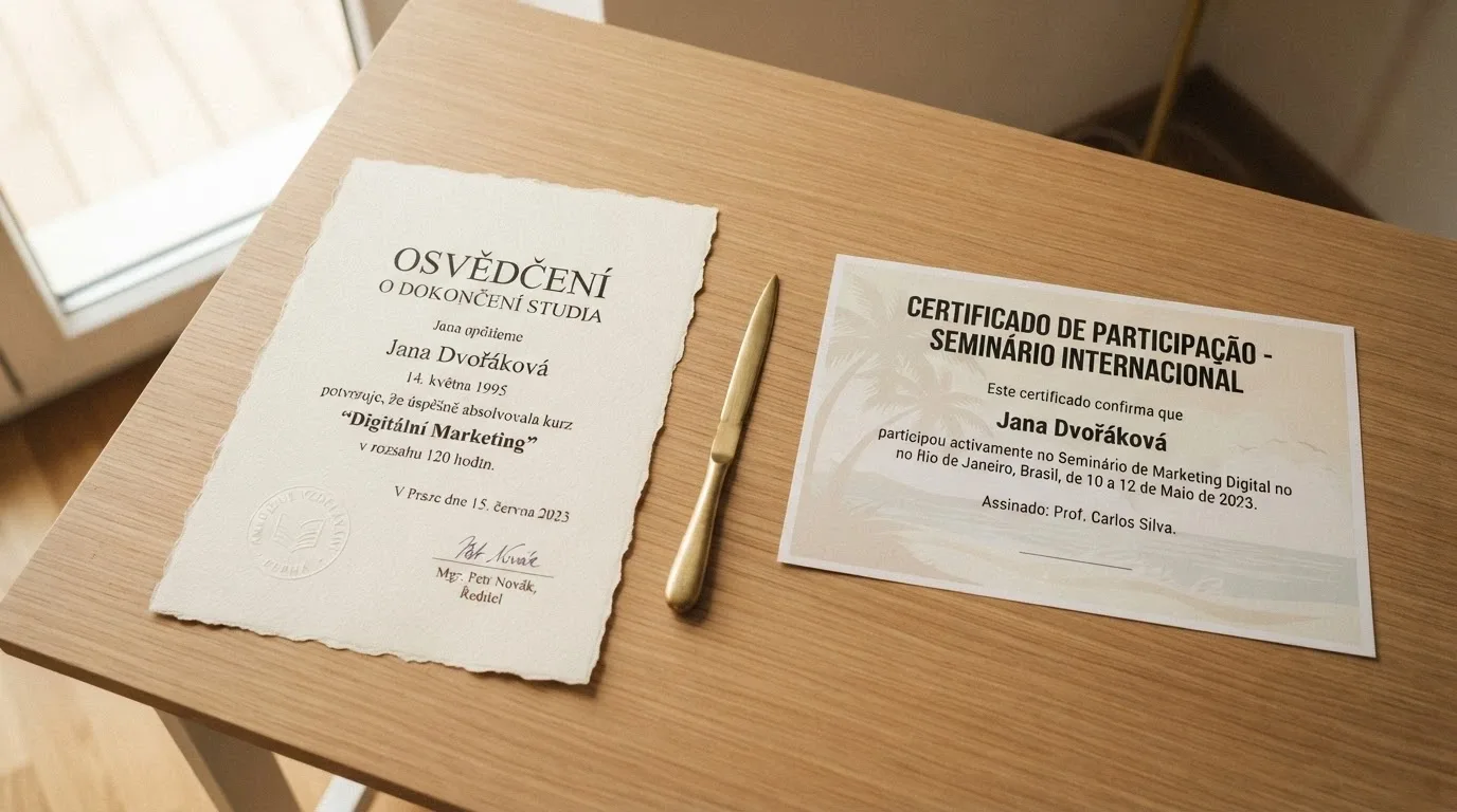 Dva kontrastní dokumenty vedle sebe — oficiální licence MF ČR s razítkem a zahraniční certifikát z Curaçaa