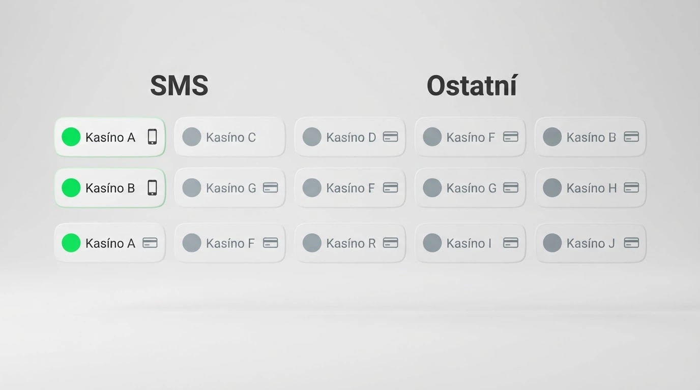 Srovnávací vizuál logotypů deseti českých licencovaných casin s grafickým vyznačením podpory SMS a Aircash