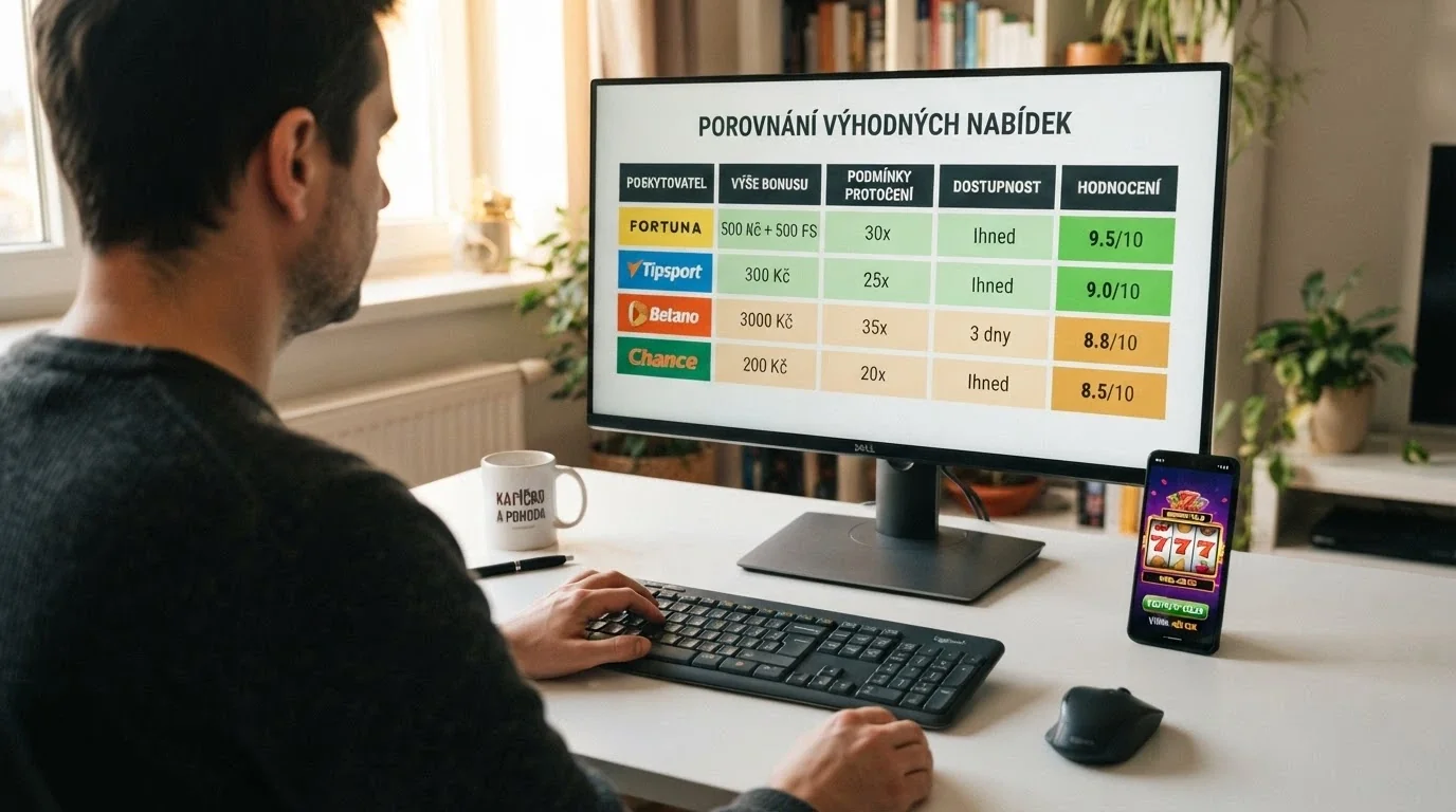 Srovnávací tabulka na monitoru s řádky operátorů a sloupci hodnot bonusů, vedle mobil s otevřeným casinem