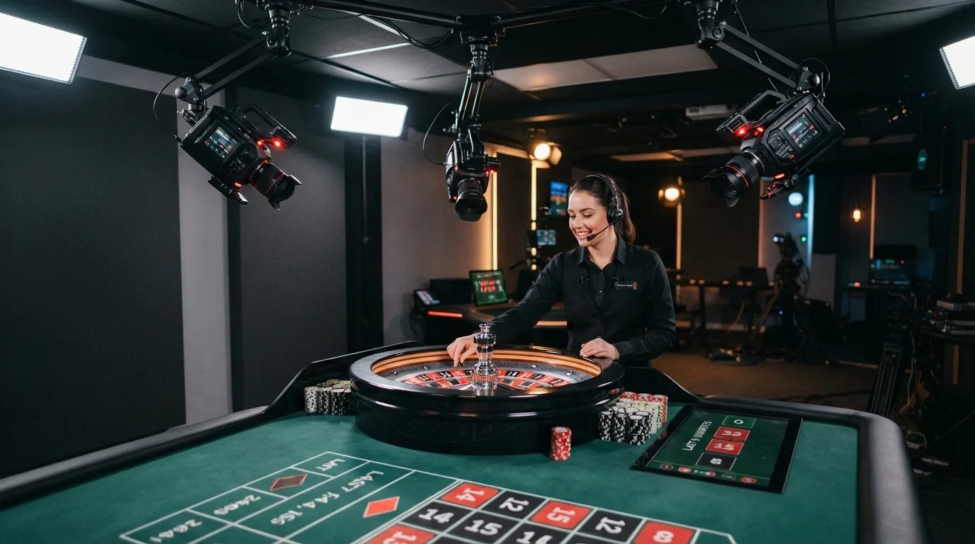 Interiér profesionálního live casino studia s ruletovým stolem pod několika kamerami a krupiérem v akci