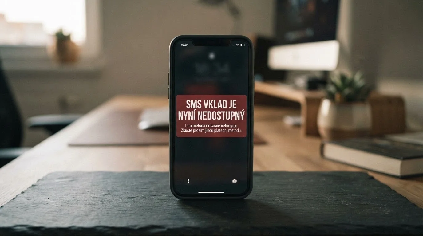 Displej telefonu s nápisem „SMS vklad dočasně nedostupný“ na pozadí loga Tipsport Vegas