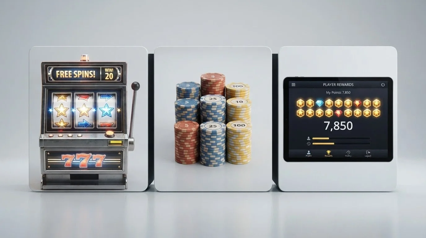 Tři panely vedle sebe: free spiny na automatu, hotovost v korunách, benefit body na účtu