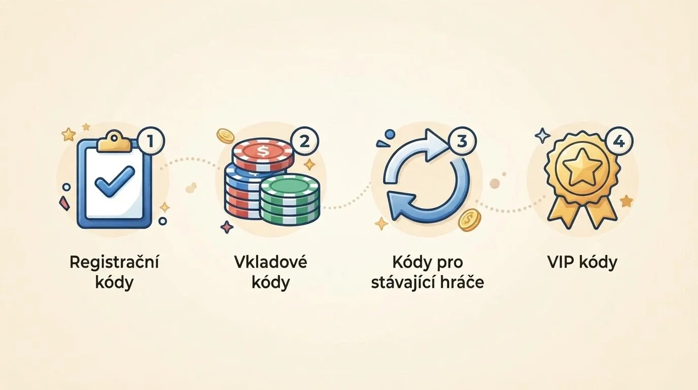 Infografika čtyř typů casino promo kódů — registrační, vkladový, pro stávající hráče a VIP — s ikonami u každého typu