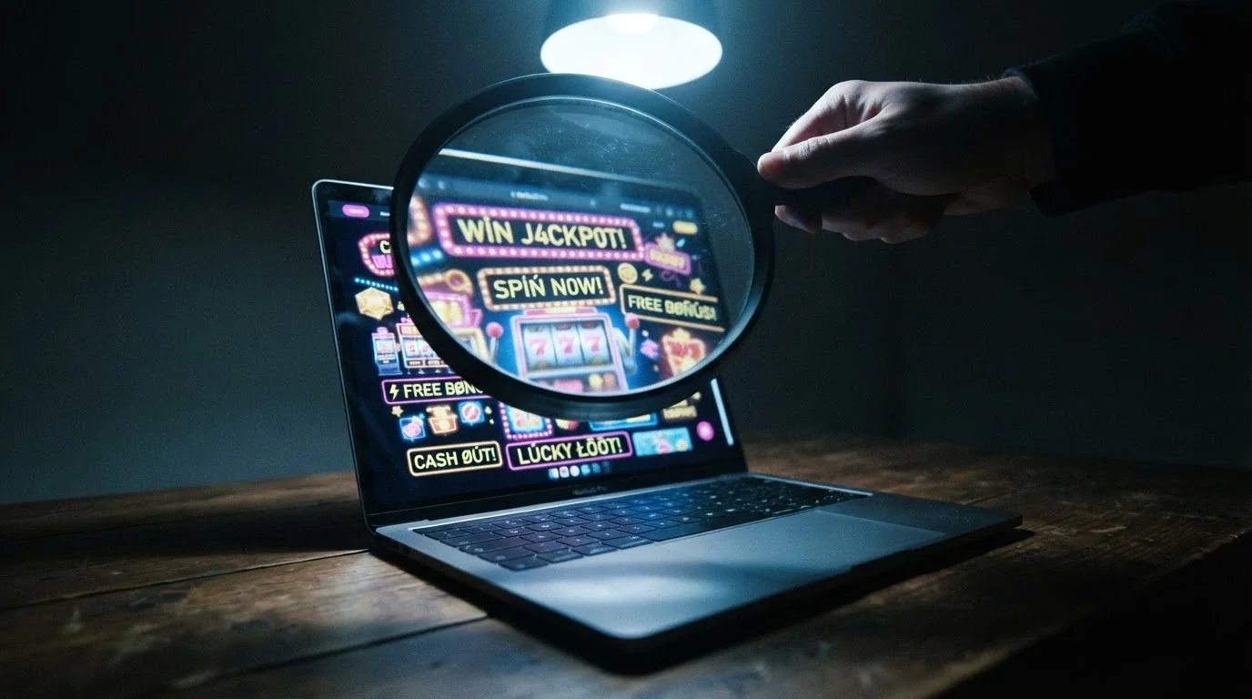 Výstražný trojúhelník s lupou nad obrazovkou s podezřelou nabídkou online casina