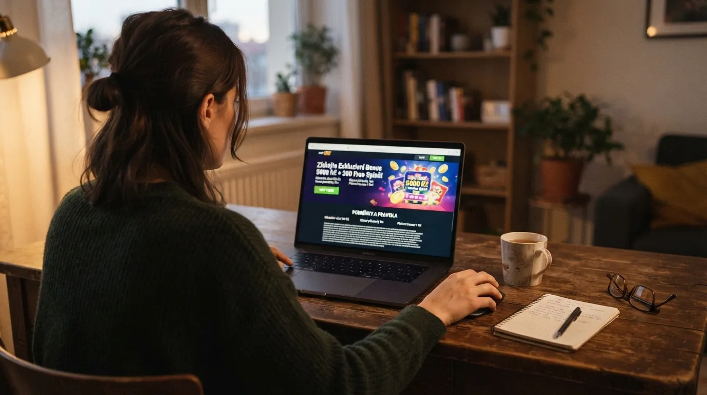 Hráč u počítače porovnává nabídky českých online casin na obrazovce s viditelným blokem podmínek bonusu
