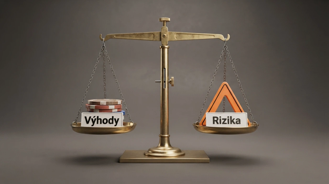 Dvojramenné váhy — na jedné misce pár mincí a nápis Výhody, na druhé varovný trojúhelník a nápis Rizika
