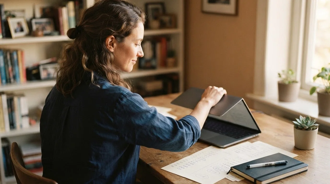 Hráč odkládá notebook s úsměvem, na stole leží poznámky s výpočty hodnoty bonusu