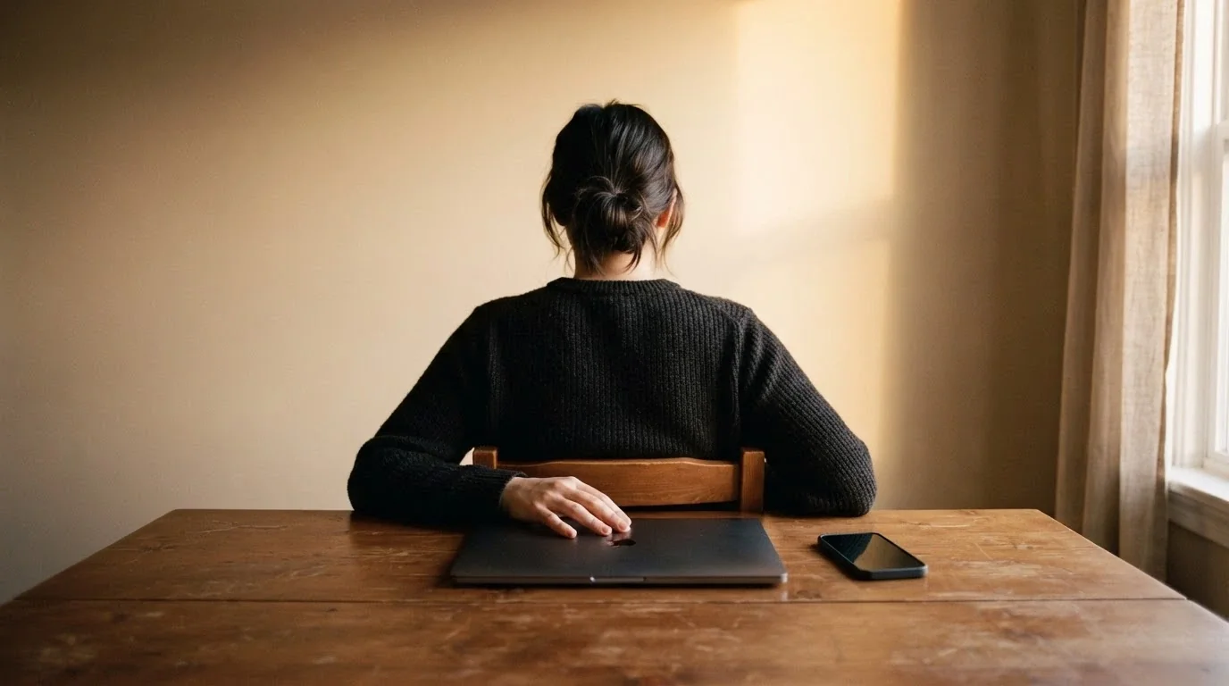 Hráč odkládá mobil a zavírá notebook — rozhodovací moment po přečtení podmínek