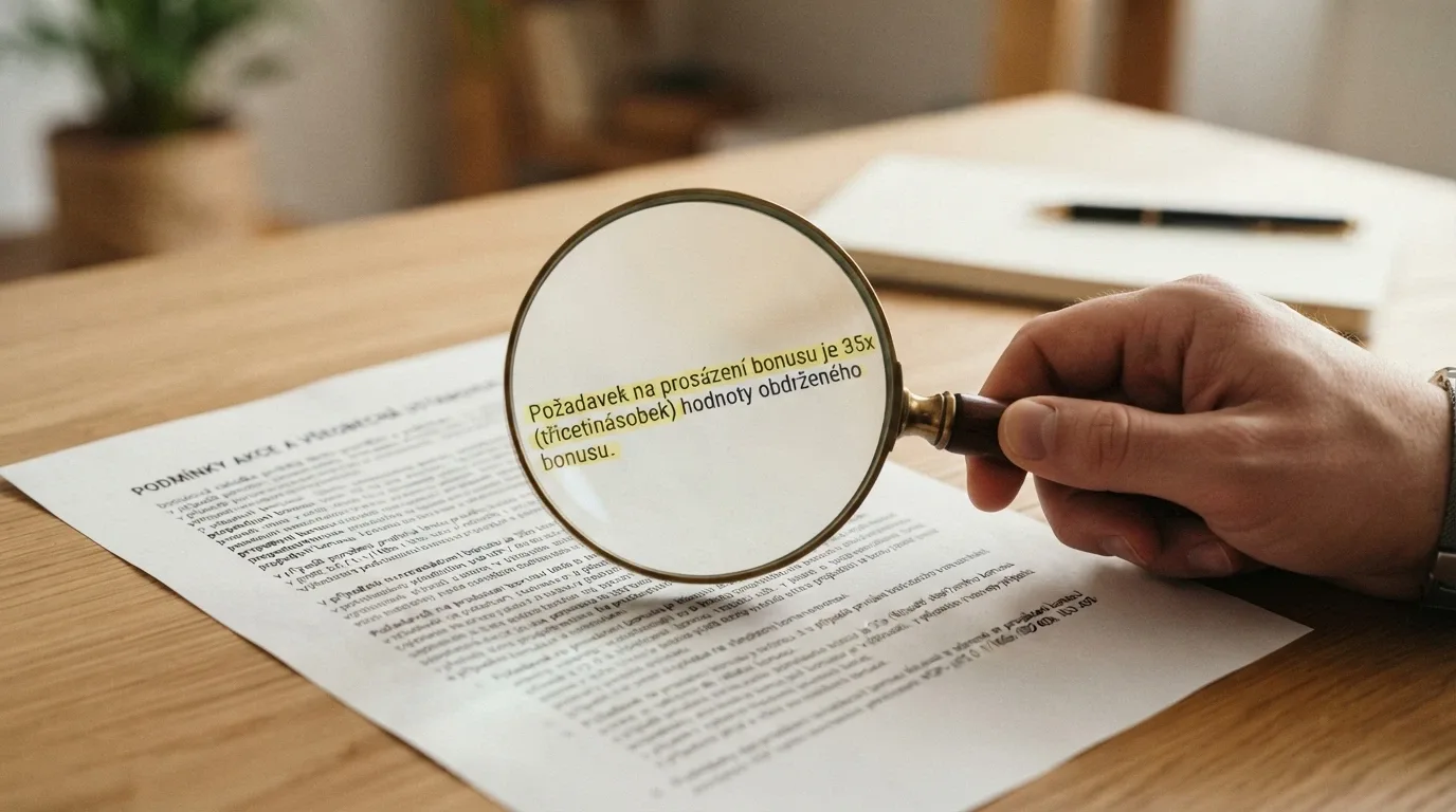 Lupa nad textem obchodních podmínek bonusu se zvýrazněným řádkem o protočení