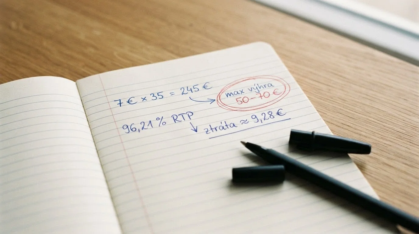 Kalkulačka vedle papíru s ručně psaným výpočtem — 7 € × 35 = 245 € k prosázení, vedle poznámka „max výhra 50–70 €“