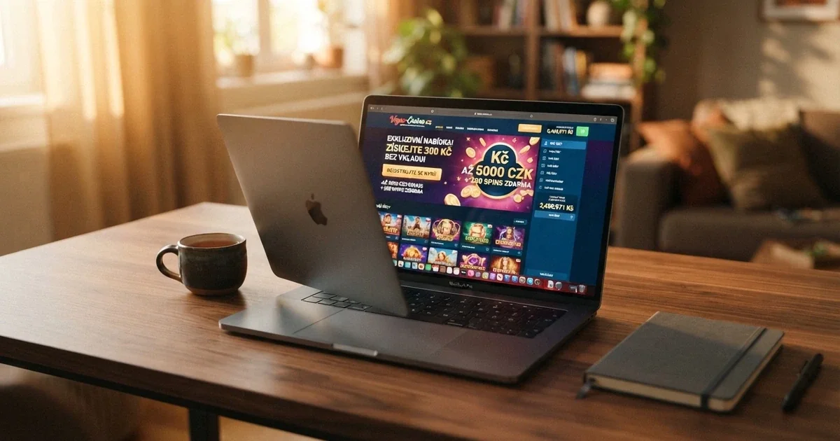 Rozhraní online casina s česky psanou nabídkou bonusu bez vkladu na obrazovce notebooku