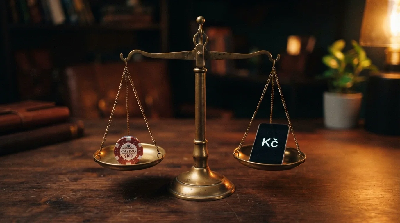 Symbolické váhy — kryptoměna na jedné misce, riziko na druhé, v rovnováze