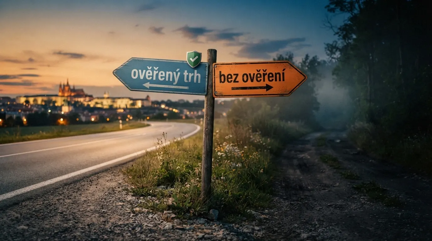 Stylizovaná křižovatka se dvěma směry — jedním s visačkou „ověřený trh“ a štítem, druhým s nápisem „bez ověření“ a varovným trojúhelníkem