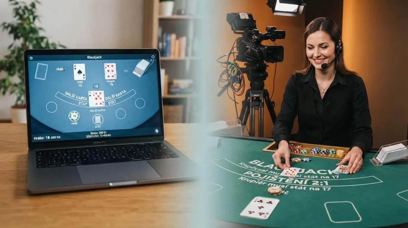 Rozdělený pohled: vlevo RNG blackjack s digitálním rozhraním, vpravo živý krupiér u blackjackového stolu ve studiu