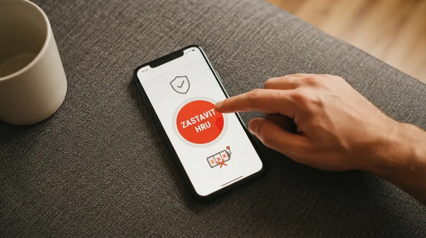 Displej s tlačítkem panic button a ikonou přeškrtnutého hracího automatu