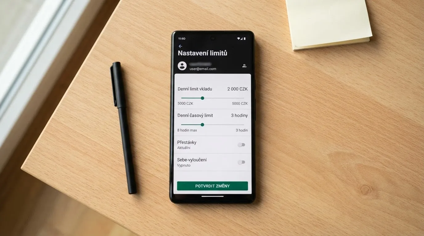Mobilní telefon s otevřenou stránkou pro nastavení herních limitů v českém online casinu
