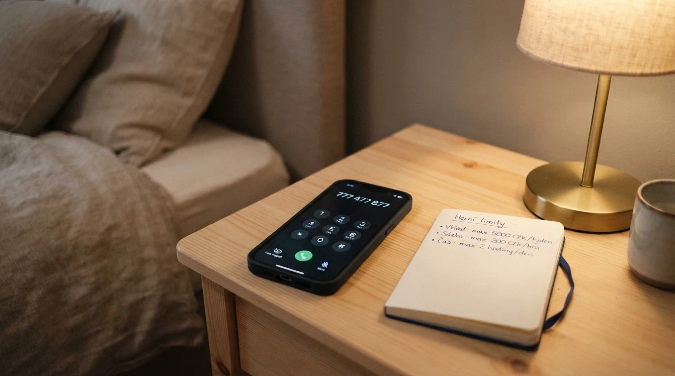 Telefon s vytočeným číslem linky pomoci na displeji, vedle zápisník s nadpisem Herní limity