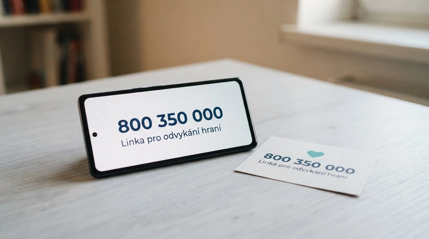 Telefon s vytočeným číslem 800 350 000 vedle informační karty Národní linky pro odvykání hraní