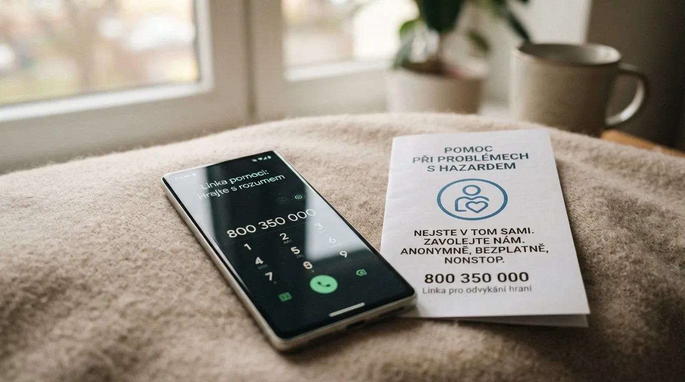 Telefon s vytočeným číslem linky pomoci na displeji, vedle leták s logem Společnosti Podané ruce