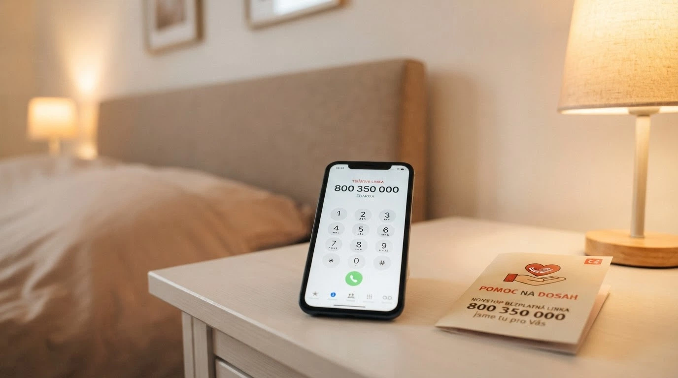 Telefon s vytočeným číslem 800 350 000 vedle loga Národní linky pomoci
