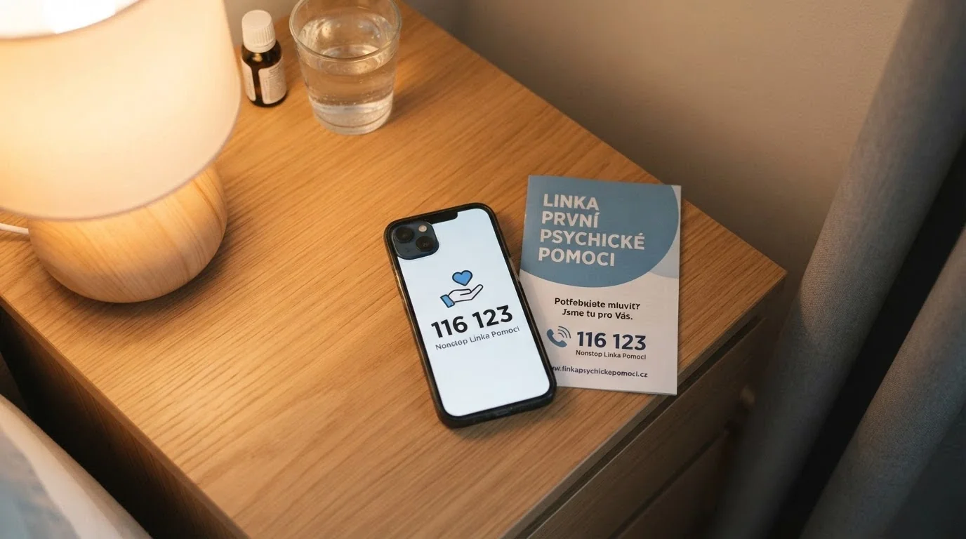Telefon s vytočeným číslem linky pomoci 777 477 877 na stole s letákem o zodpovědném hraní