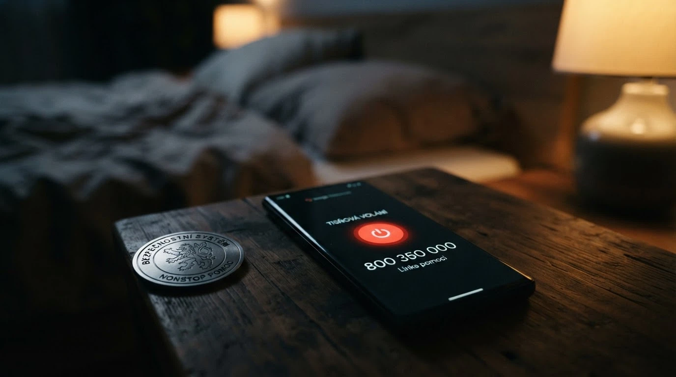 Telefon s vytočeným číslem linky pomoci a tlačítkem „panic button“ na obrazovce, vedle něj symbol štítu