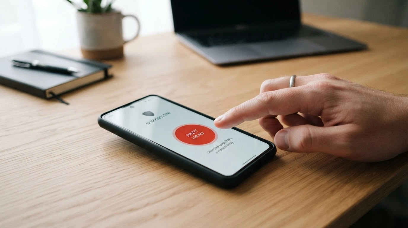 Mobil s otevřenou aplikací a tlačítkem panic button nebo ikonou limitu