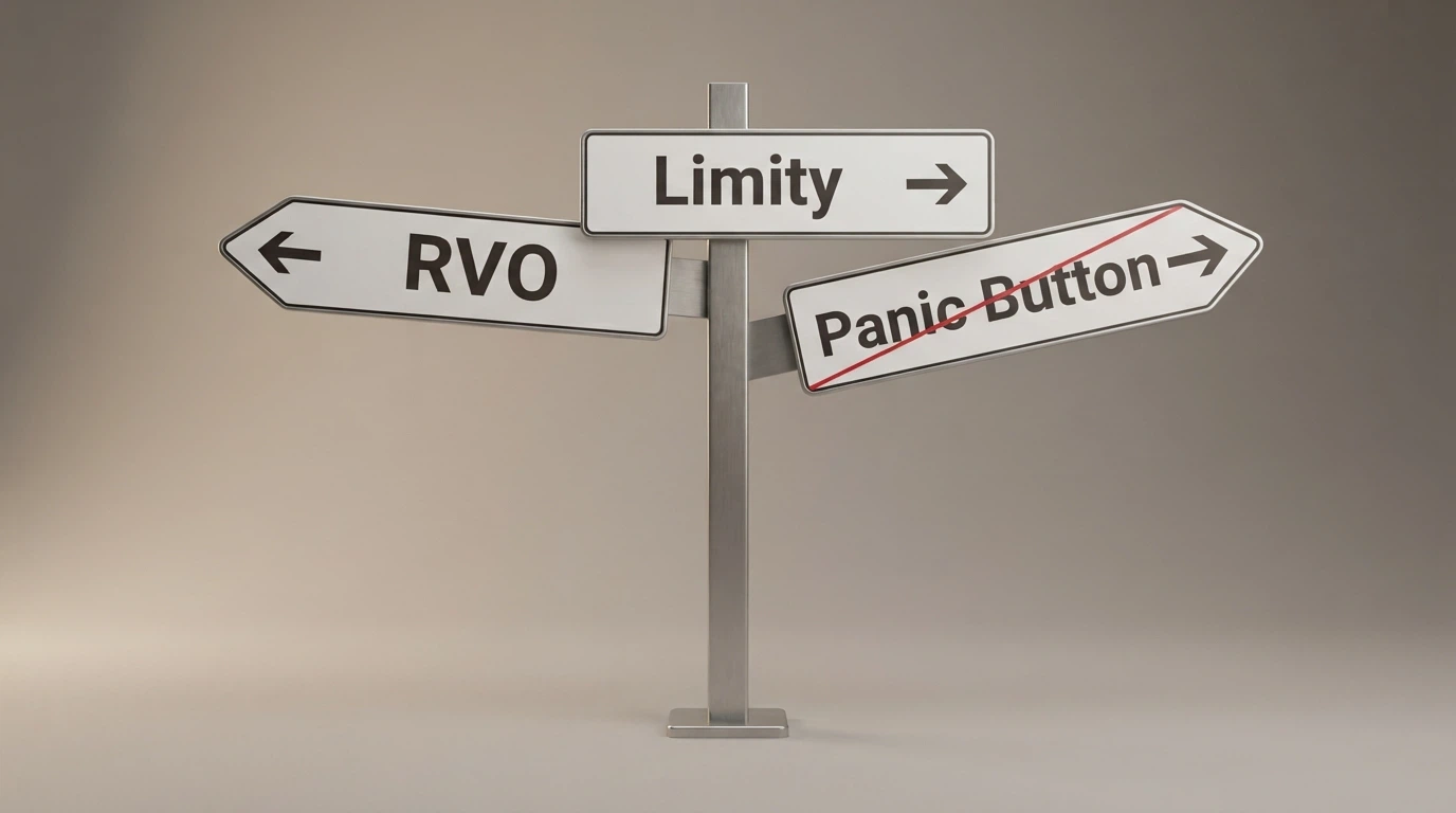 Rozcestník s nápisy RVO, limity, panic button — a u offshore větve přeškrtnuté