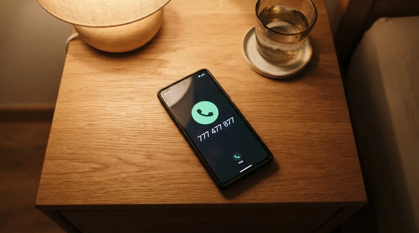 Telefon s vytočeným číslem linky pomoci na obrazovce v teplém, podpůrném tónu