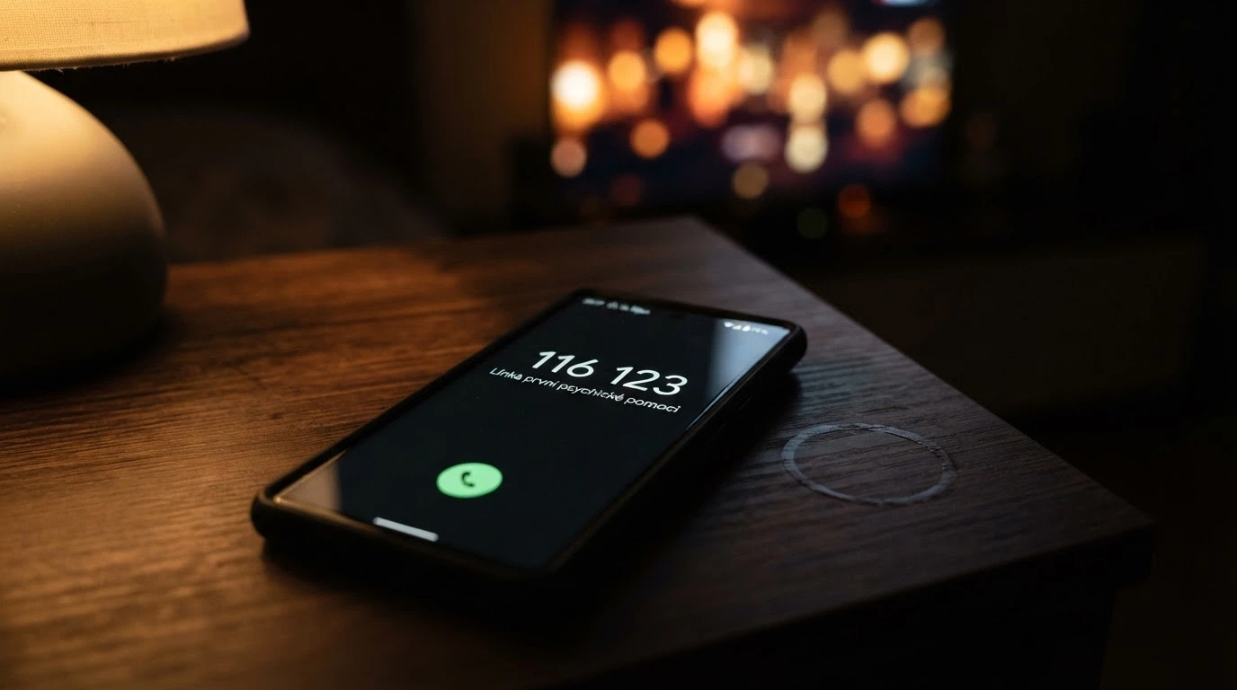 Telefon s vytočeným číslem 777 477 877 na lince pomoci, v pozadí rozmazané casino prostředí