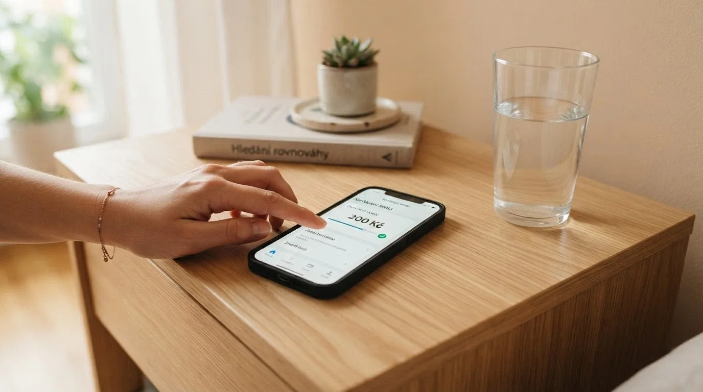Telefon s vytočeným číslem linky pomoci a otevřenou stránkou nastavení limitů v kasinu — denní limit vkladu 200 Kč, vedle sklenice vody jako symbol střízlivého přístupu
