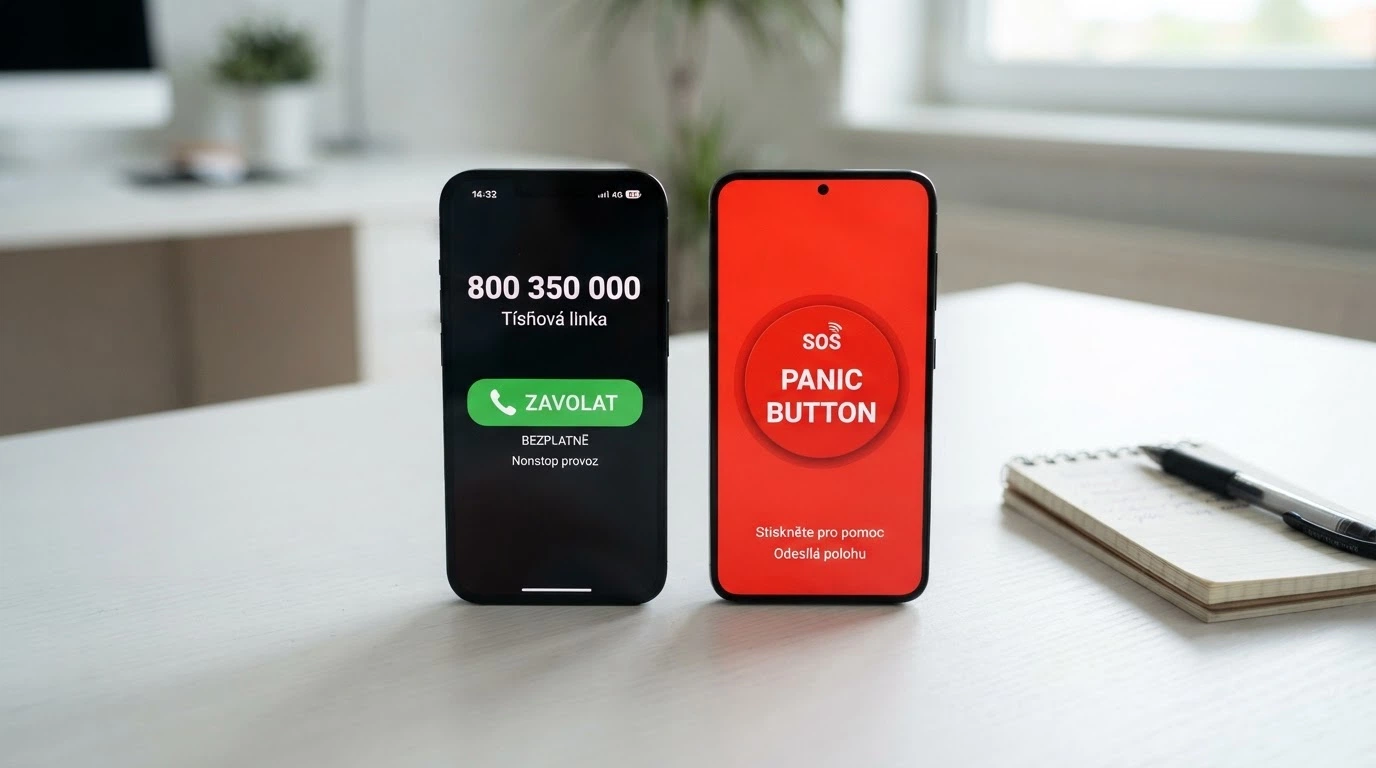 Telefonní sluchátko s číslem linky pomoci, vedle něj tlačítko s nápisem panic button na obrazovce