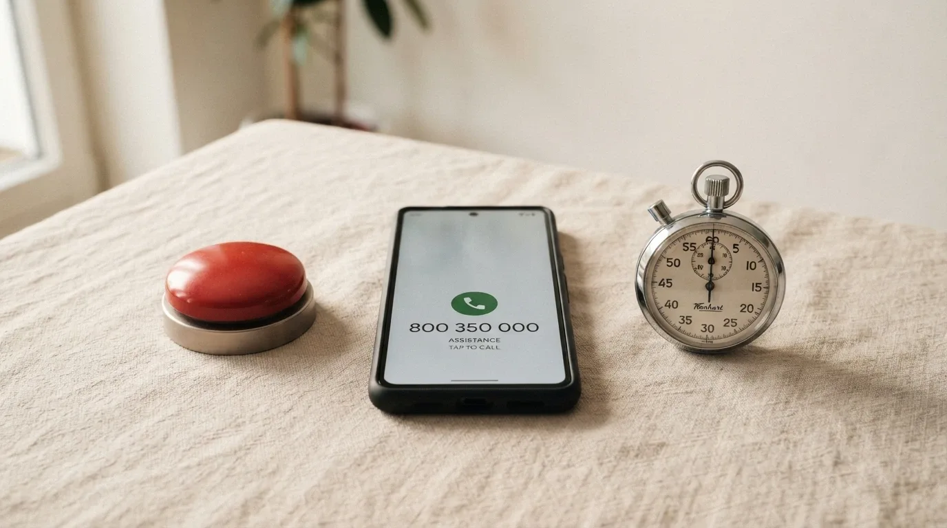 Telefon s číslem linky pomoci 800 350 000, vedle tlačítko „panic button“ a symbol stopek — teplé, nerušivé barvy